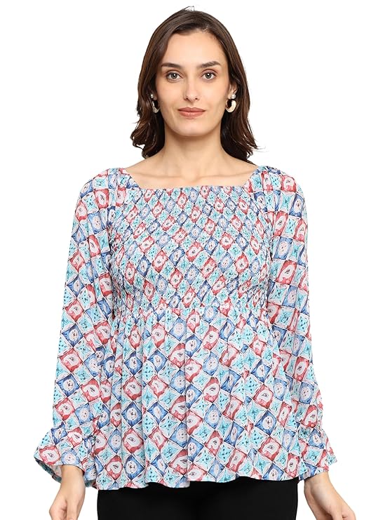 Yash Gallery Women's Polyester Regular Fit Waist Length Full Sleeve Square Neck Geometic Printed Top
