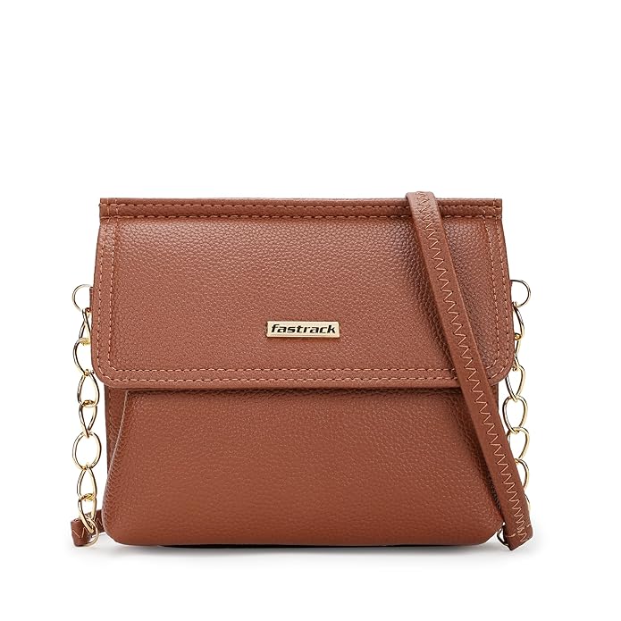 Fastrack brown Sling | Faux-Leather Women’s Handbag | Button-Closure Sling with Metal Accent Strap
