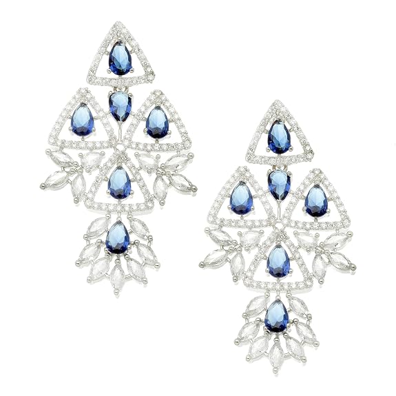 ZENEME Rhodium-Plated American Diamond studded Triangular Shaped Drop Earrings For Girls and Women
