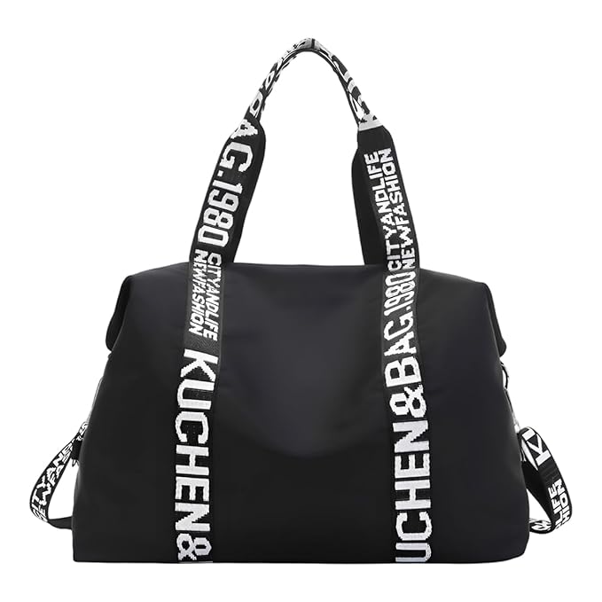 PALAY® Travel Bag Black Oxford Cloth Gym Bag Waterproof Letter Print Strap Crossbody Bags Large Capacity Zip-up Mommy Duffle Bags for Travelling