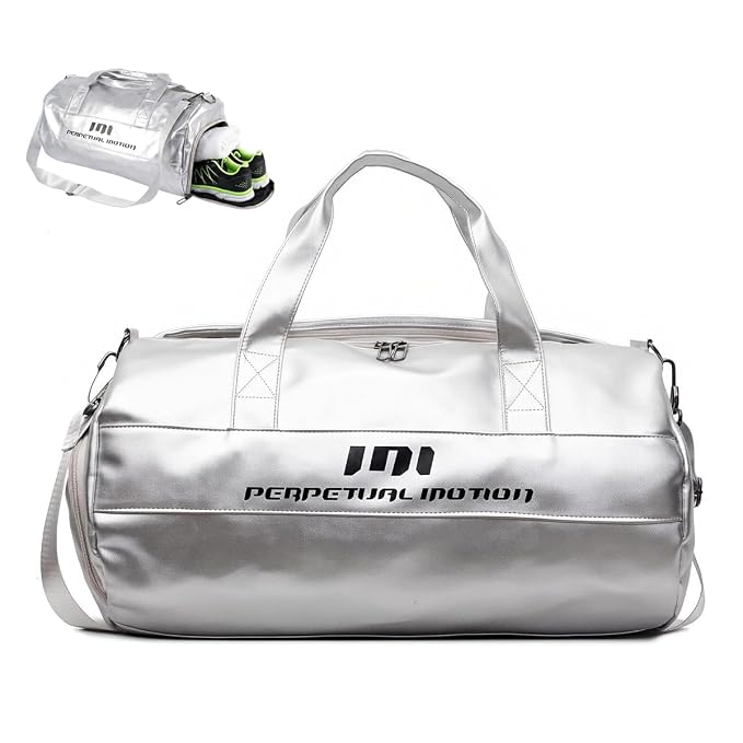 PALAY® Gym Bag for Women Silver PU Leather Travel Bags with Shoe Compartment and Wet Pocket Waterproof Large Capacity Duffel Bag for Sports, Swimming, Weekend and Overnight Use
