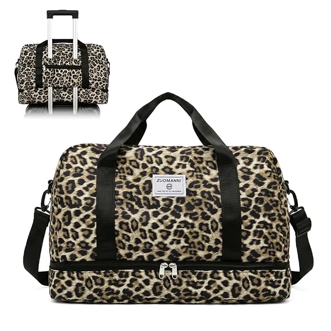 PALAY® Travel Bag Oxford Cloth Leopard Print Gym Bags with Shoe Compartment Large Capacity Waterproof Yoga Sports Bag Adjustable Portable Weekend Duffle Bags