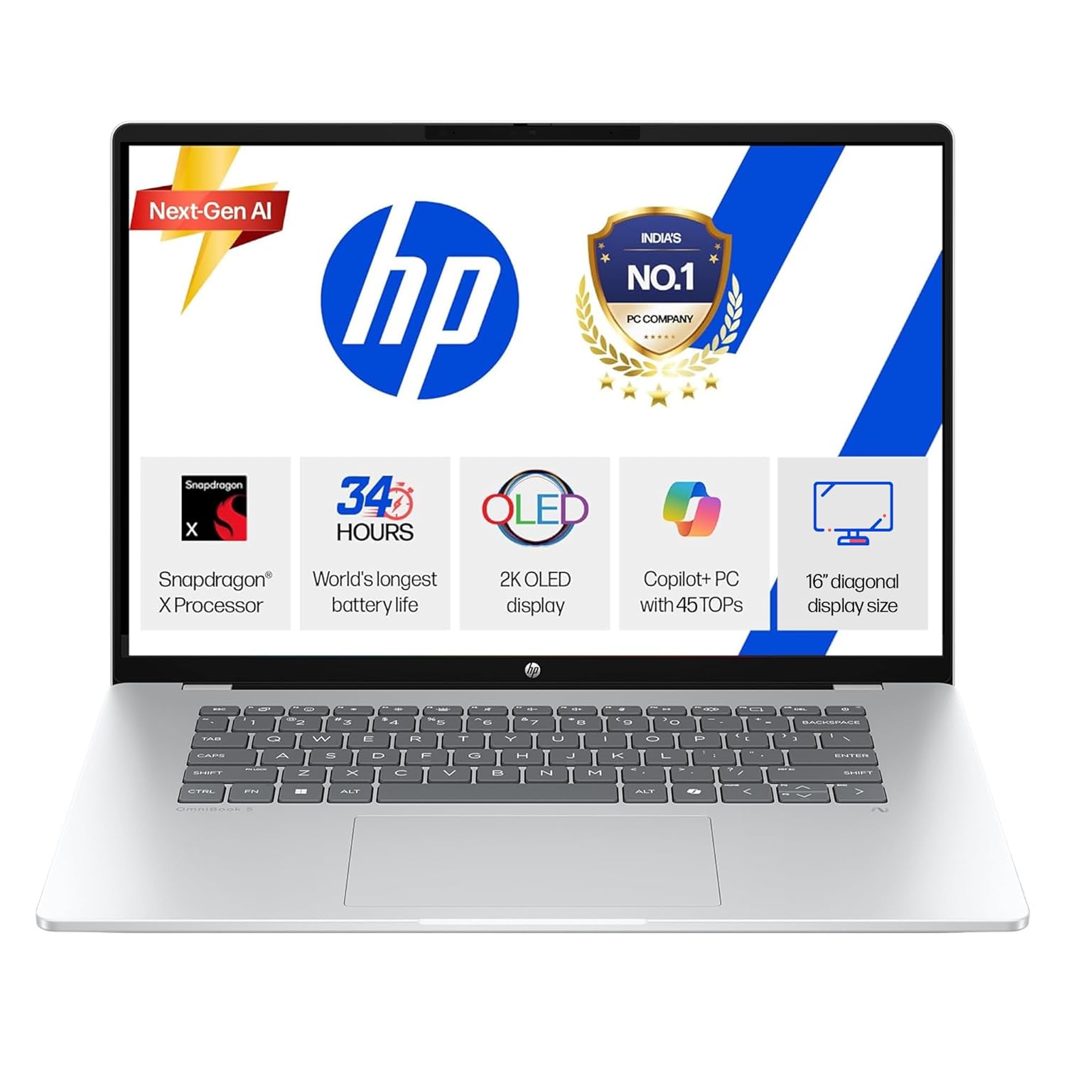 HP Smartchoice Omnibook 5 OLED (Previously Pavilion), Snapdragon X Processor 45 Tops (16GB LPDDR5x, 1TB SSD) 2K,16''/40.6cm, Win11, Office24, Silver, 1.59kg, fb0001QU, Multi-Day Battery AI Laptop