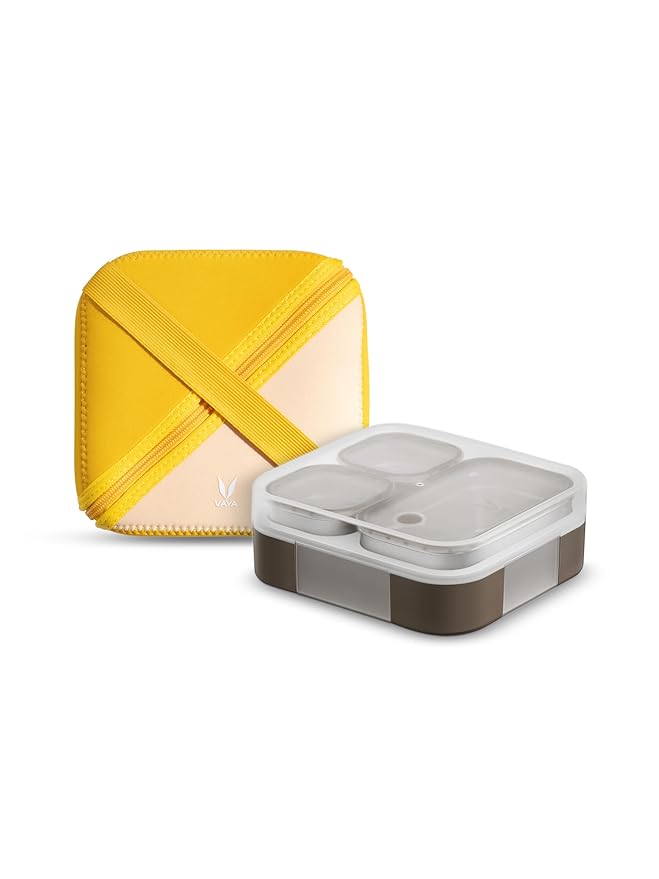 VAYA Tydbyt Tiffin Box for Women with Bento Lunch Bag, Cute Tiffin Box for Women, 3 Compartment Stainless Steel Lunchbox with Durable Carry Bag for Office, School & Travel, Brown & Desert Gold