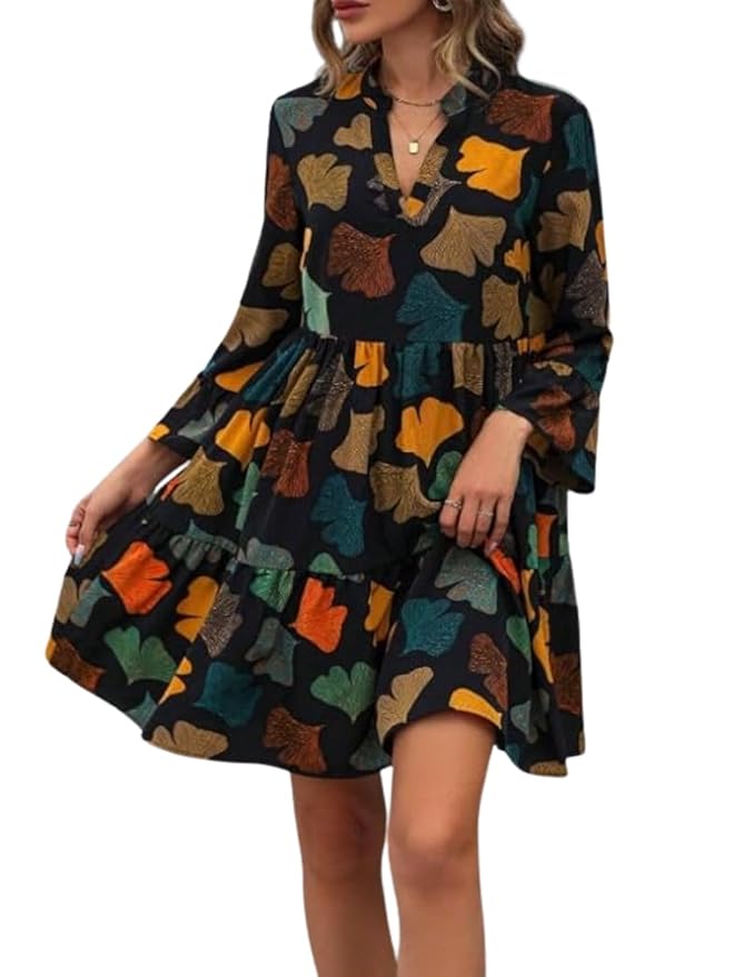 Leriya Fashion Women Women’s Floral Printed V-Neck Long Sleeve Fit & Flare Mini Dress – Casual Western One Piece Dress