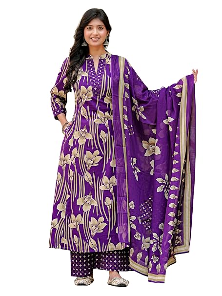 Yash Gallery Women’s Pure Cotton Purple A-Line Botanical Print Kurta Plazo Dupatta Set | Ethnic Indian Wear Kurti Set for Festive, Casual & Office Wear | Soft Comfortable Fabric