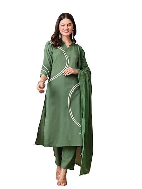 Amazon Brand - Tavasya Womens Mandarin Collar Cotton Kurta Set with Dupatta | Salwar Suit | Ethnic Wear | Regular Fit