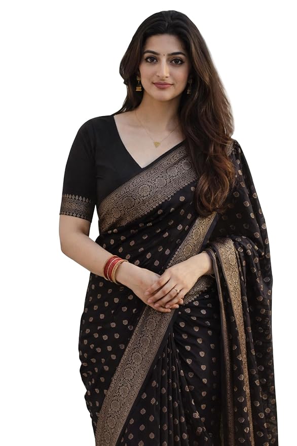 Shasmi Women's Navy blue Banarasi Pure Kanjivaram Silk Saree Soft new ladies Design Wear Pattu Sarees Latest 2026 Cotton Party Sari collections With Blouse Piece for Wedding sadi (KS-224)