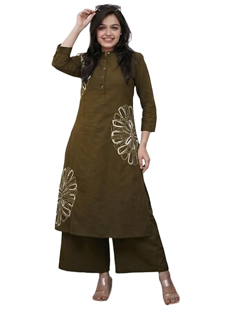 GoSriKi Cotton Blend Embroidered A-Line Kurta with Palazzo for Women | Cotton Blend Orange | 3/4 Sleeve | Mandarin Collar | Ethnic Wear Casual Wear