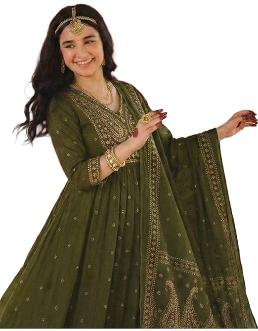 GoSriKi Rust Anarkali Kurta Set for Women with Dupatta | Cotton Kurti Set for Woman | Embroidered Anarkali Suit for Women Kurti Pant Set with Dupatta | Suit Set for Women Latest