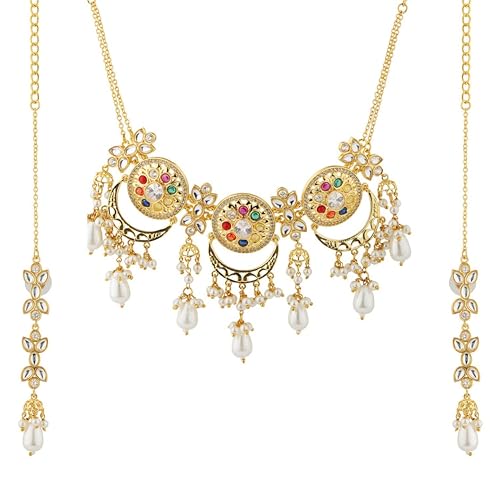 VOYLLA Navratan Eternal Orbit Collar Necklace Set For Women, Wedding, Festive, Pooja, Multicolor, Gift Fo Women & Girls