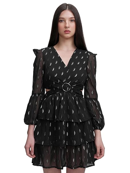 Tokyo Talkies Women's Chic Cut-Out Ruffle Dress with Long Bishop Sleeves A Playful Yet Elegant Short Dress for Every Occasion