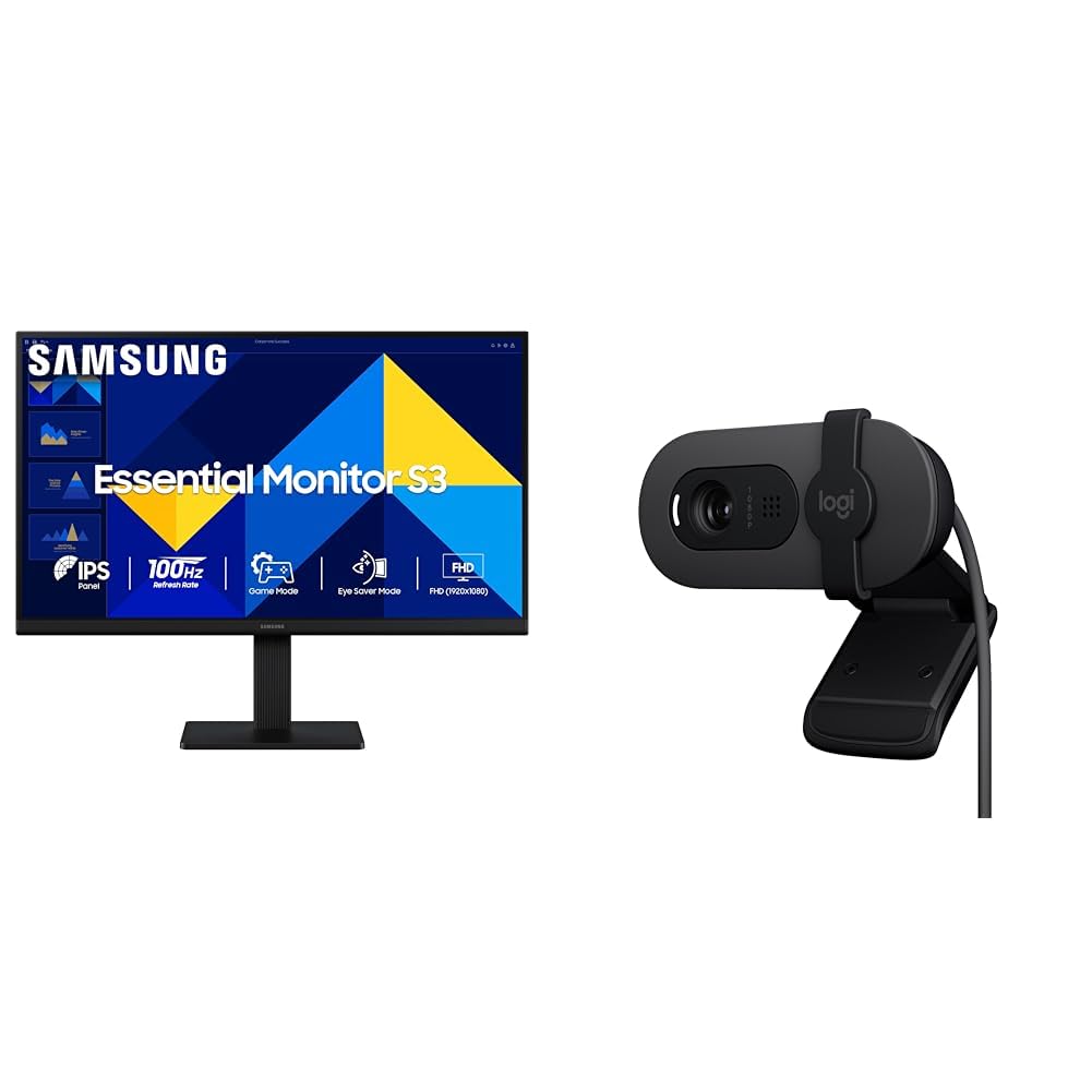 Samsung 24" (60.5 cm) S3 Flat Monitor|Super Slim Borderless Design|IPS Panel|FHD 1920 x 1080|100 Hz|5 ms|Ports-HDMI,VGA|Game Mode|Eye Saver Mode + Logitech Brio 100 Full HD 1080P Webcam
