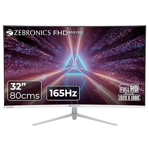 ZEBRONICS AC32FHD LED, Gaming Monitor, 32 inch (81.28cm), 300 nits, 165hz, 1800R Curved wide screen, FHD, 1080p, Wall Mountable, HDMI, DisplayPort, USB Port, Metal stand, Built-in Speakers