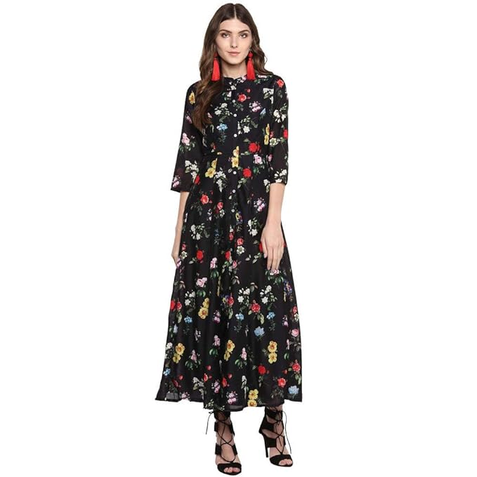 BIBA Womens Mandarin Collar Floral Print Maxi Dress