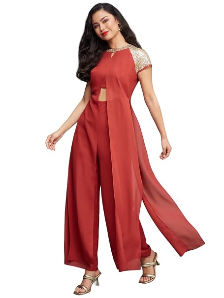 Miss Chase Women's Round Neck Short Sleeves Sequin Panel Jumpsuit (Plus Size) with Pockets (MCSS21D04-65-149-04, Brick Red, M)