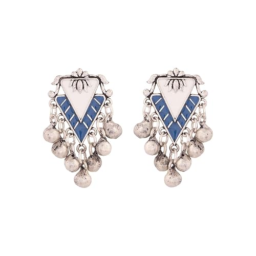 Voylla Silver-Plated Blue Contemporary Oxidised Drop Earrings