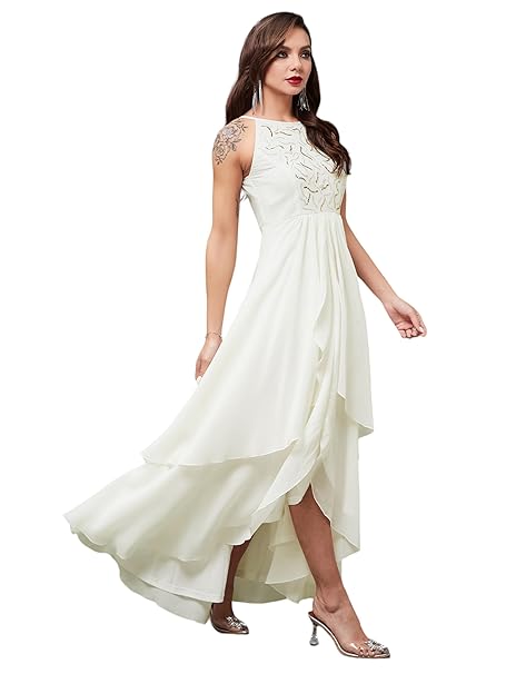 Miss Chase Women's Round Neck Sleeve Embellished Fit Flare Maxi Dress