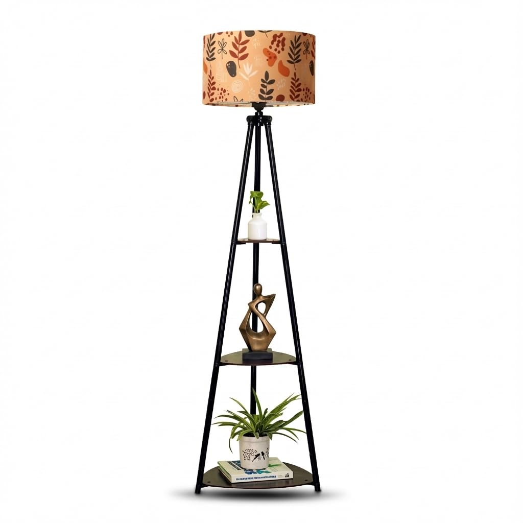Crosscut Furniture Metal Printed Floor Lamp with 3 Shelves (Boho Seed) LED Bulb Included, White