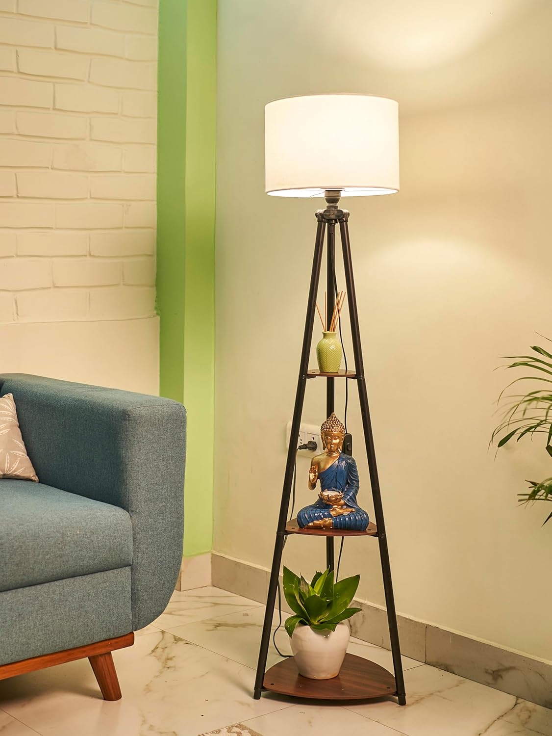 Crosscut Furniture LED Tripod Floor Lamp with 3 Shelves, Cotton White, Metal Corner Floor Lamp for Living Room & Bedroom Decoration