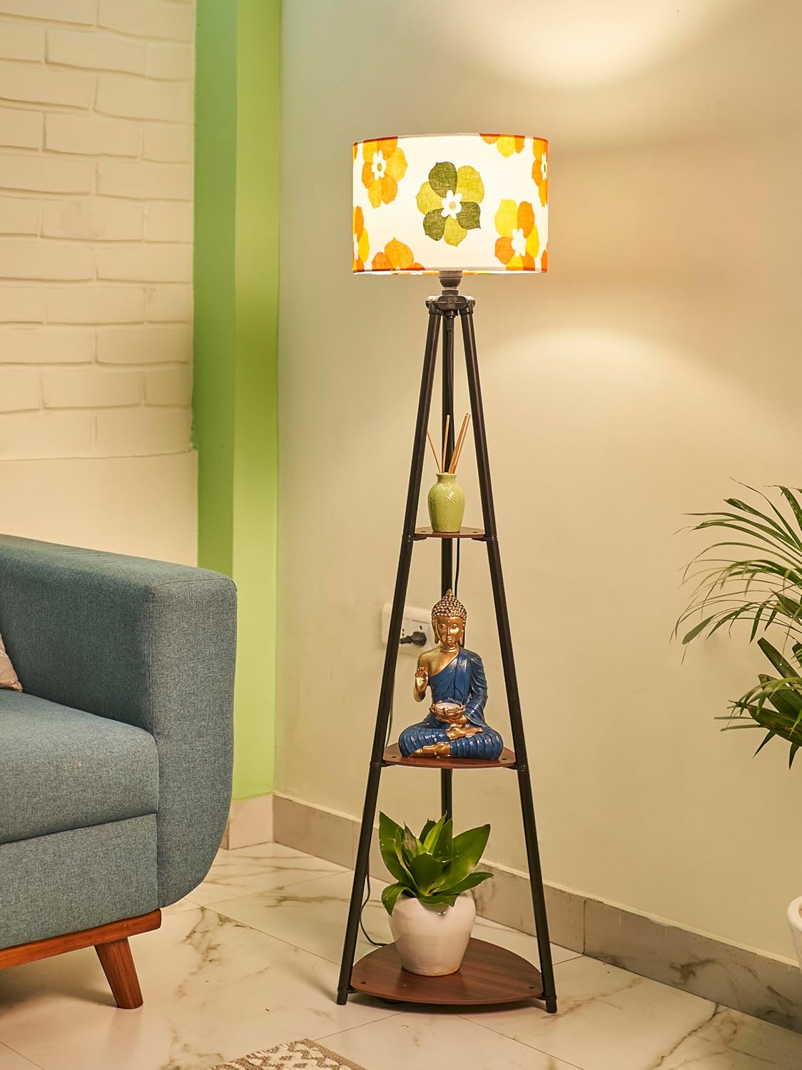 Crosscut Furniture LED Tripod Floor Lamp with 3 Shelves, Fresh Flower, Yellow, Metal Corner Floor Lamp for Living Room & Bedroom Decoration