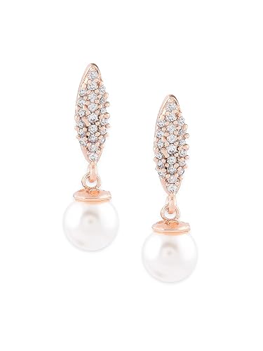 Zaveri Pearls Rose Gold Cubic Zirconia & Pearl Drop Contemporary Brass Earring For Women-ZPFK10089