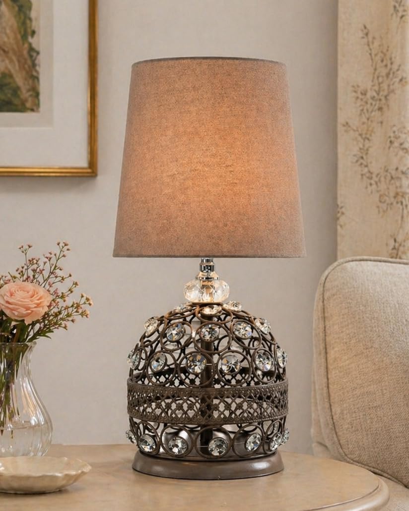 Homesake® Modern Small Crystal Table Lamp, Contemporary Bedroom Bedside Nightstand Lamp, Morden Minimalist, Desk Globe Lamp for Living Room Girls Kids Room, Fabric Shade (Grey)