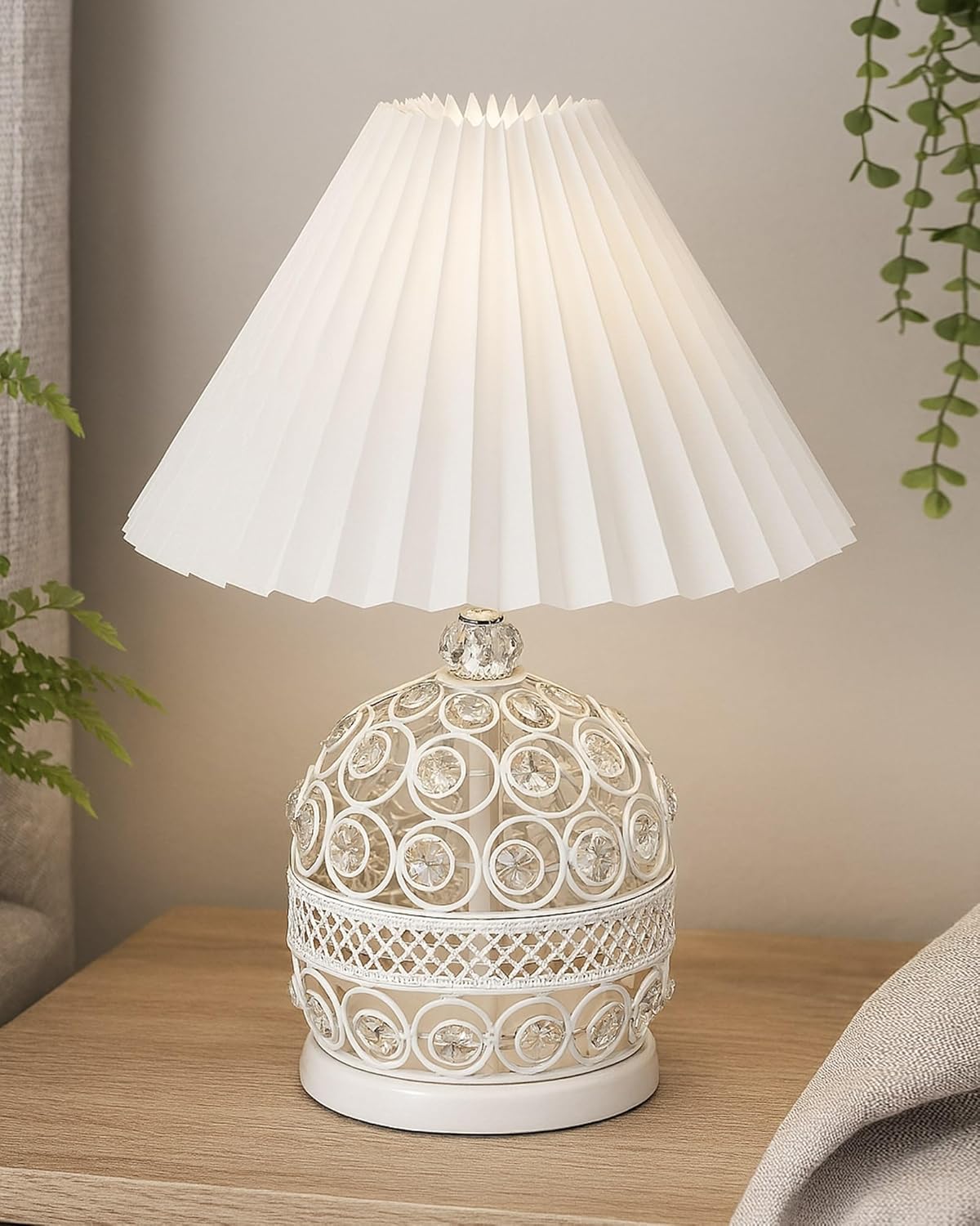 Homesake® Modern Small Crystal Table Lamp, Contemporary Bedroom Bedside Nightstand Lamp Light, Desk Globe Lamp for Living Room Girls Kids Room, Fabric Shade (White Pleated)