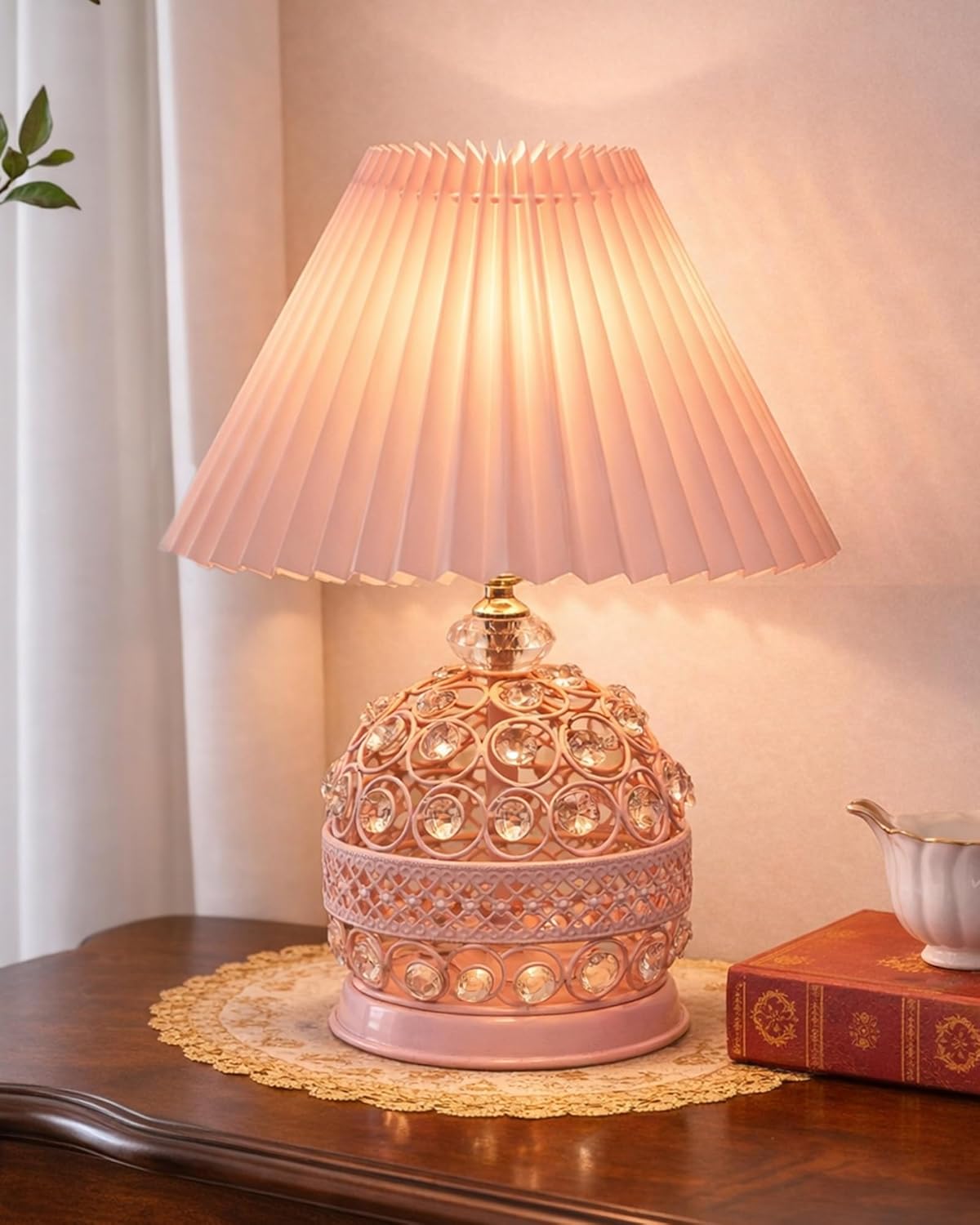 Homesake® Modern Small Crystal Table Lamp, Contemporary Bedroom Bedside Nightstand Lamp Light, Desk Globe Lamp for Living Room Girls Kids Room, Fabric Shade (Pink Pleated)