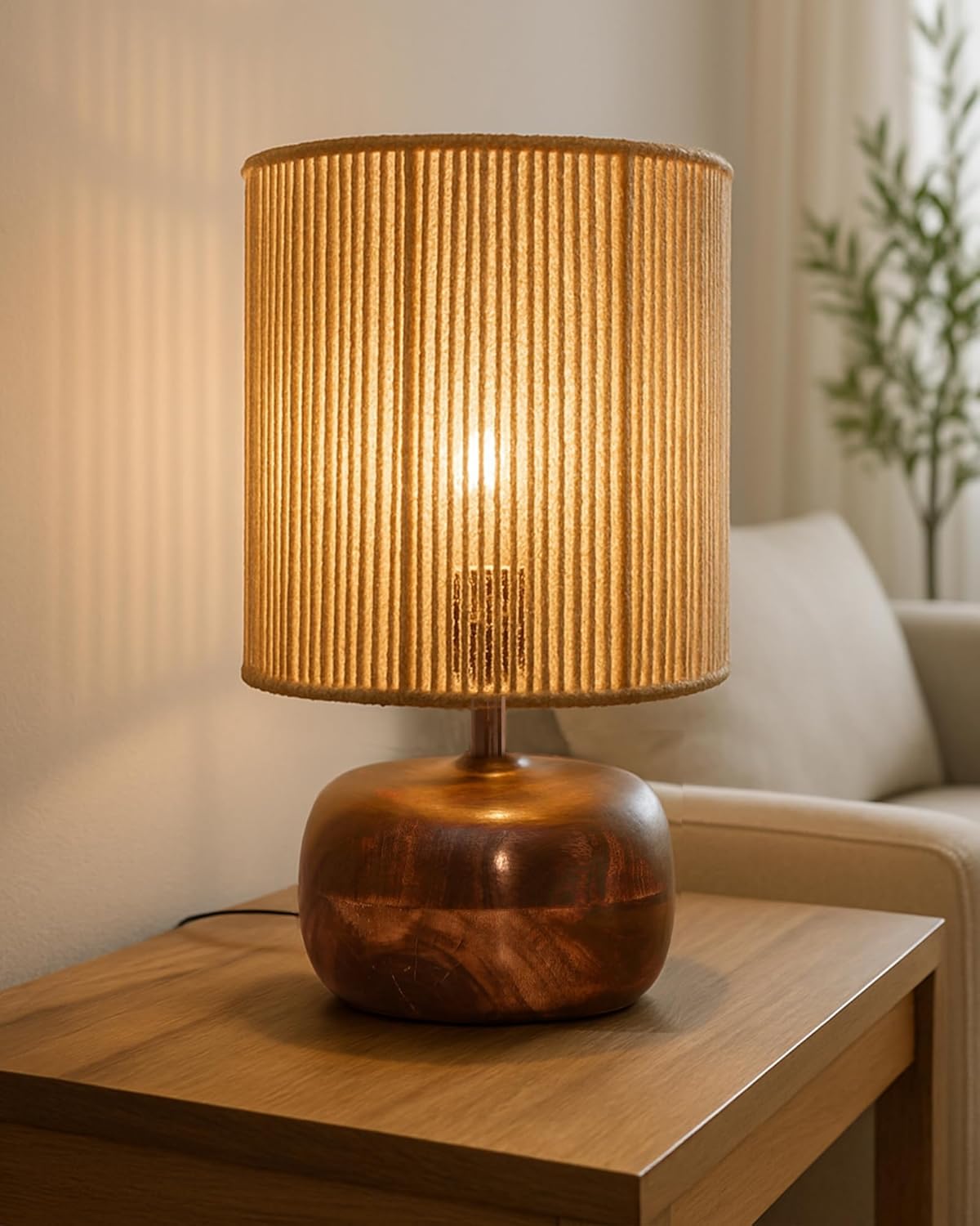 Homesake® Natural Weave Rope Table Lamp | Handcrafted Boho Bedside Light with Wooden Base | Warm Ambient for Night Lamp, Bedroom, Living Room, Study, Kids Room, Livra Home Decor, Ovolo (Beige, STR)