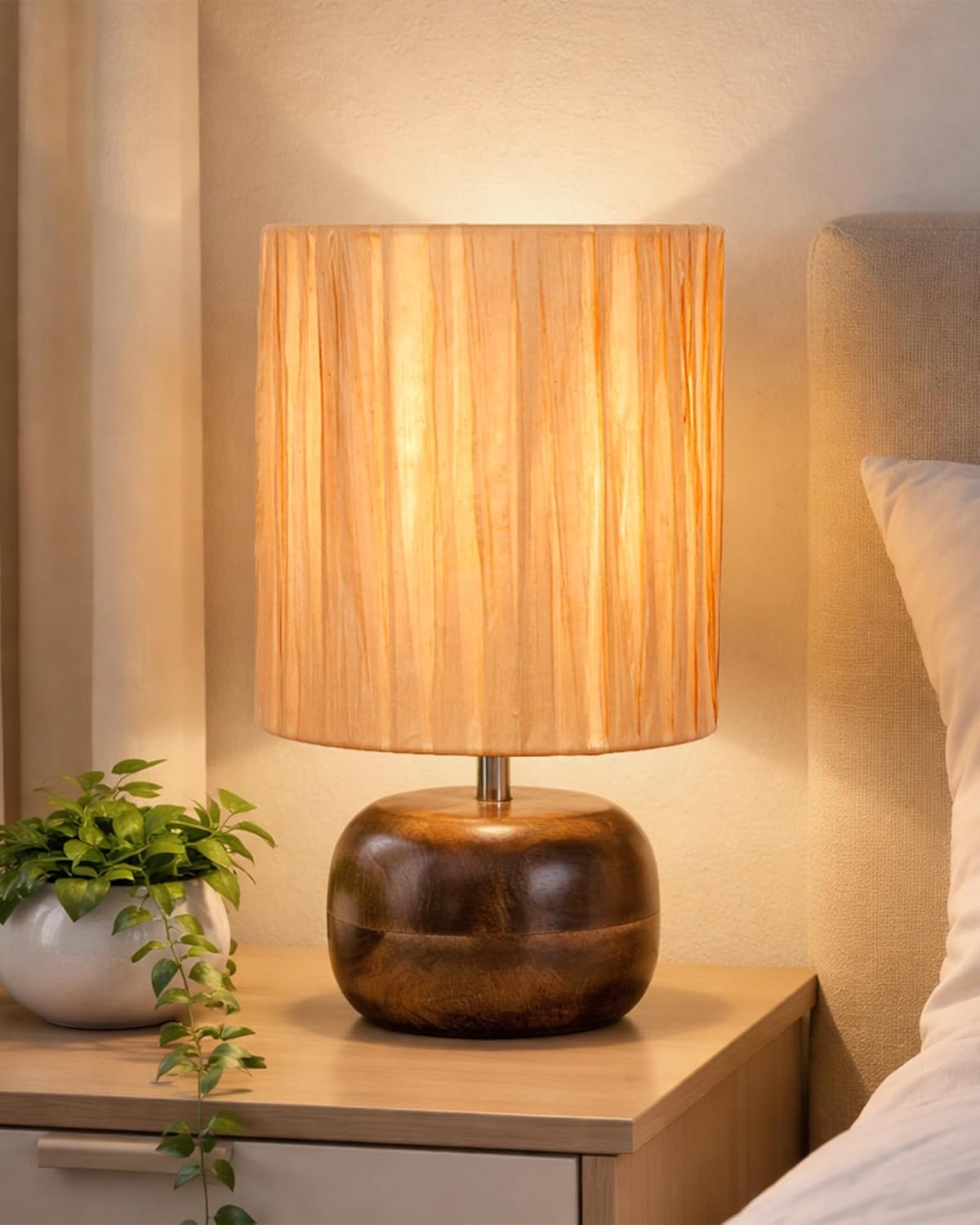 Homesake® Handcrafted Wooden Base Table Lamp with Warm Shade, Livra, Bedside Night Light for Bedroom, Living Room, Study Table, Home Décor, Ambient Lighting