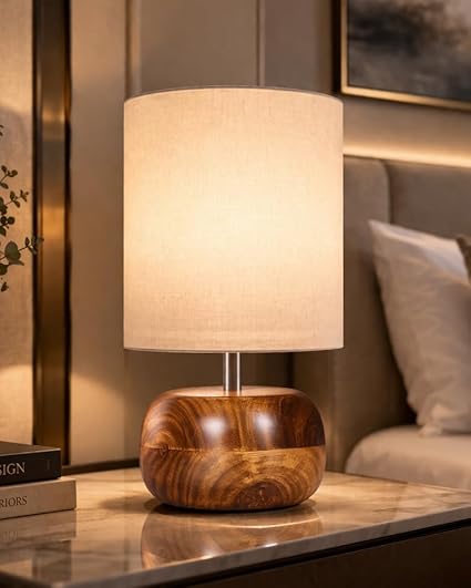 Homesake® Handcrafted Wooden Base Table Lamp with Warm Shade, Aara, Bedside Night Light for Bedroom, Living Room, Study Table, Home Décor, Ambient Lighting, (KD Off-White)