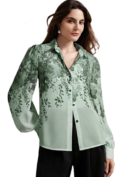 Women Shirt || Women Top ||Autumn Leaves Print Polo Collar Shirt, Casual Long Sleeve (S-22-25)