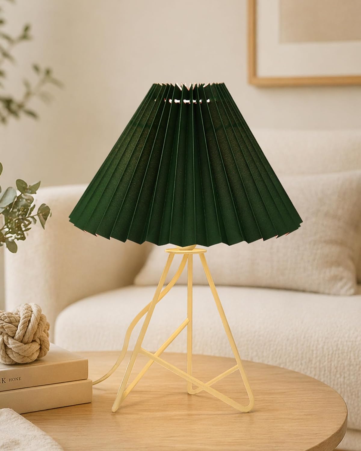 Homesake® Modern Table Lamp with Iron Tripod Base, E27 Holder, Bedroom, Bedside, Living Room, Home Decor, Study Lamp for Desk, Night Lamp, Warm Light, Gifting, Pleated Fabric Shade, (Green)