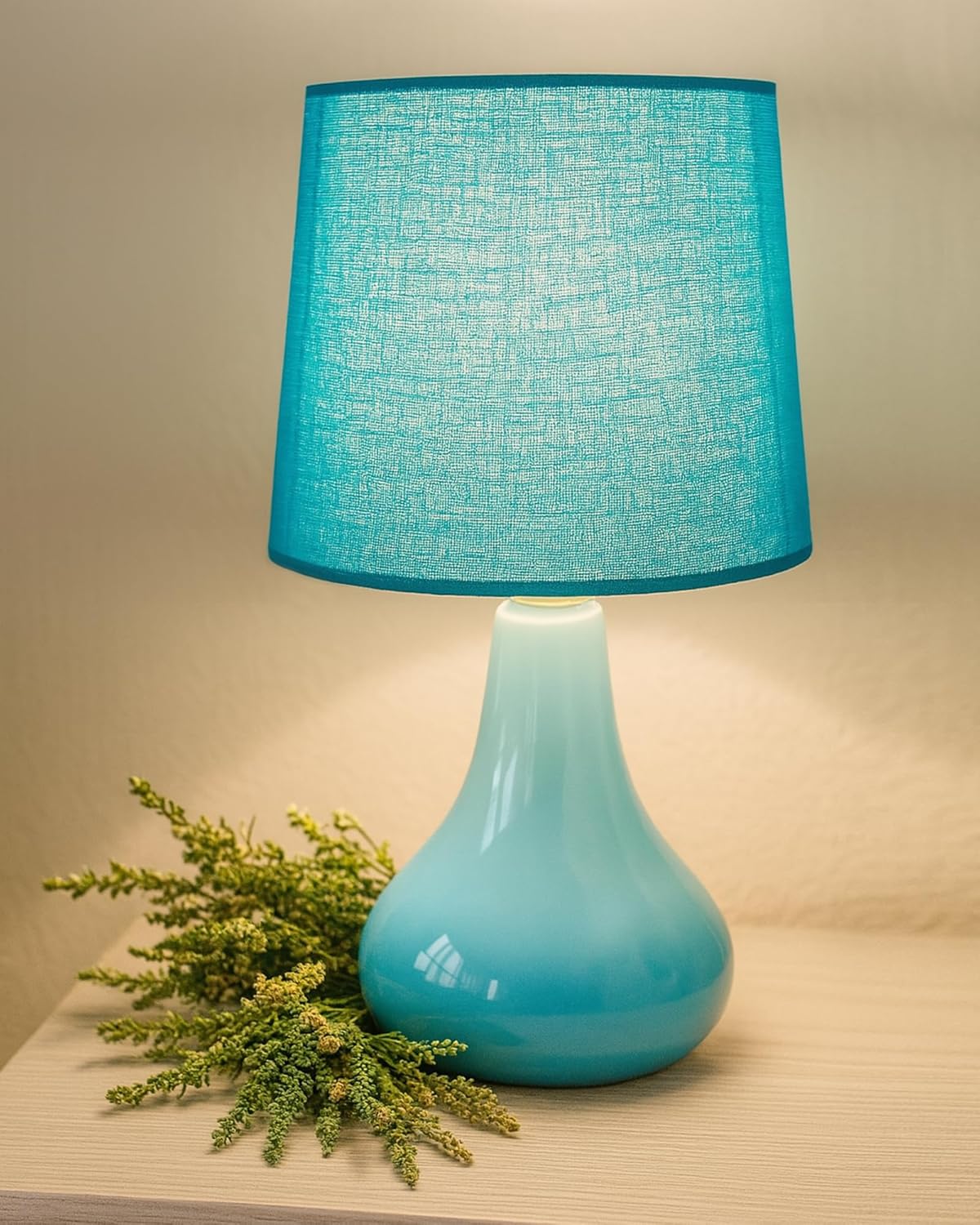 Homesake® Small Ceramic Table Lamp, Bedside Desk Lamp, Lamp for Living Room, Lamps for Bedroom, Farmhouse Bedside Nightstand, Modern Home Decoration Item, Décor Light, with Turquoise Fabric Shade