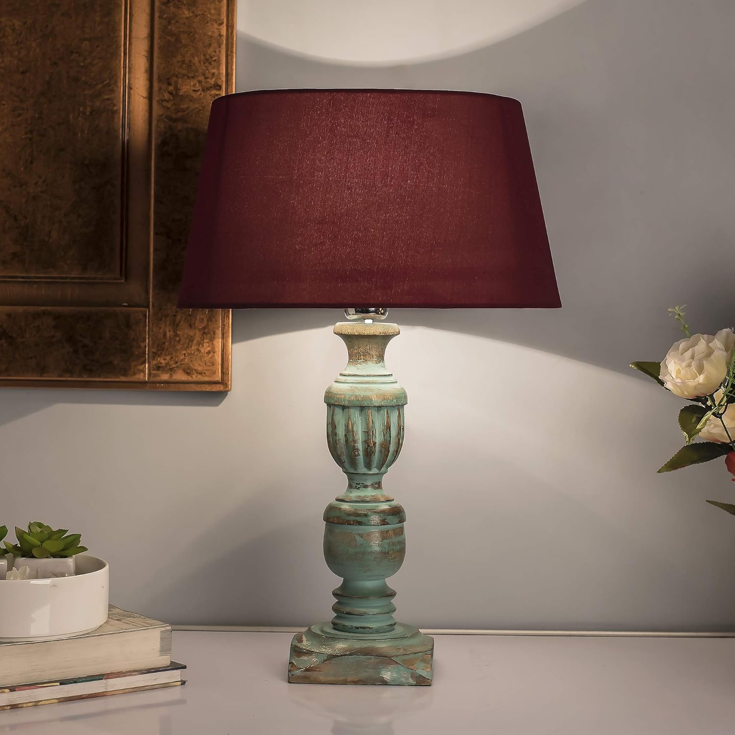 Homesake® Handcrafted Wooden Table Lamp for Living Room & Bedroom | Bedside Rustic Algae French Table Lamp with Red Fabric Shade | Included Bulb | Decorative Wooden Night Lamp for Home Décor