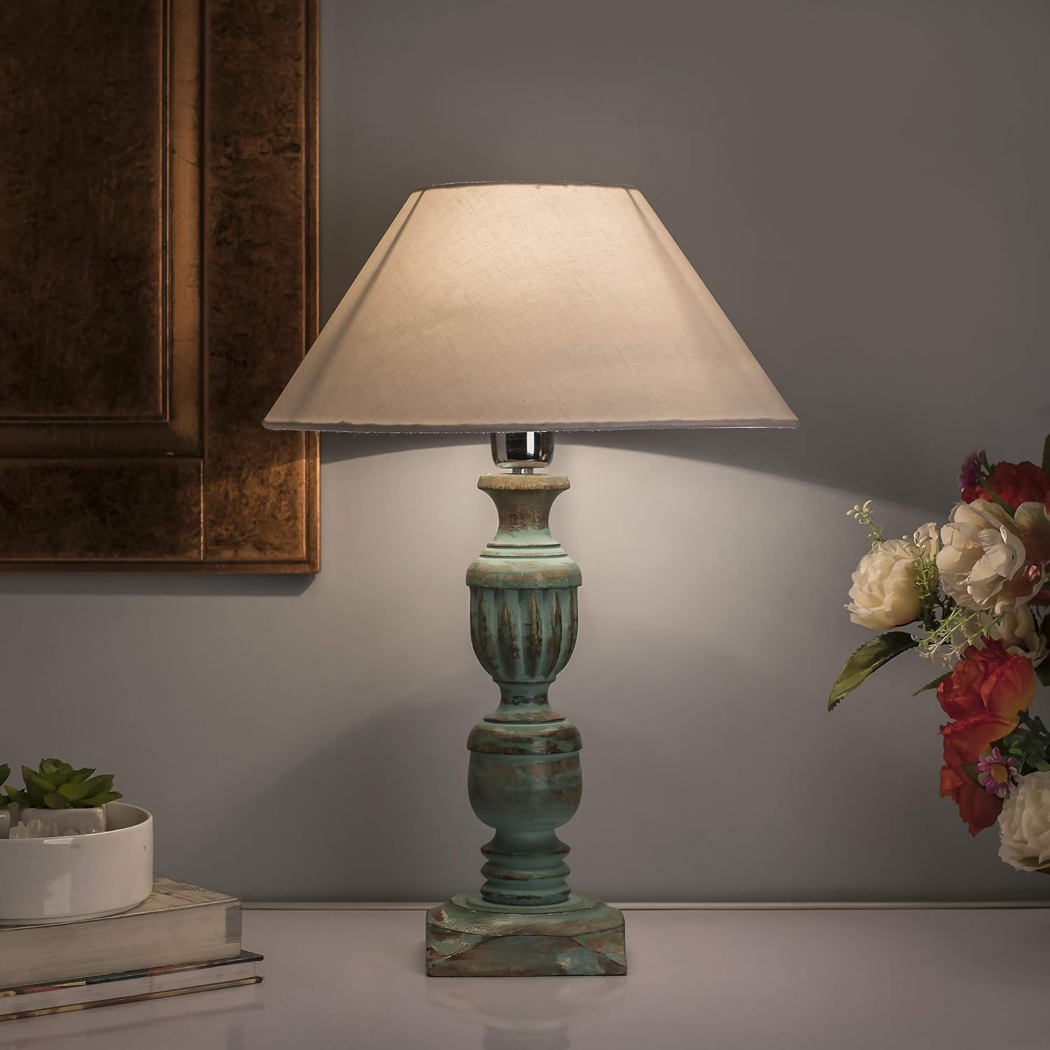 Homesake® Handcrafted Wooden Table Lamp for Living Room & Bedroom | Bedside Table Lamp with Fabric Shade|Included Bulb|Rustic Algae French Trophy Wood, Decorative Night Lamp for Home Décor, White