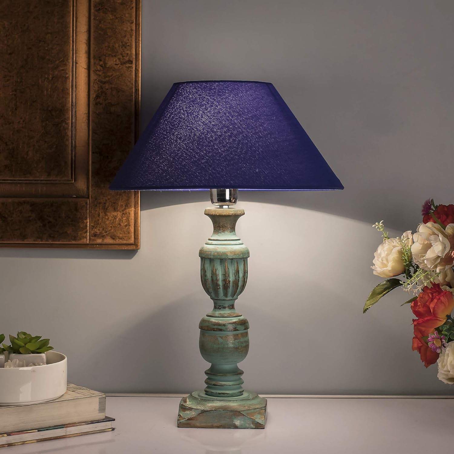 Homesake® Handcrafted Wooden Table Lamp for Living Room & Bedroom | Bedside Rustic Algae French Table Lamp with Fabric Shade | Included Bulb | Decorative Wooden Night Lamp for Home Décor, Blue