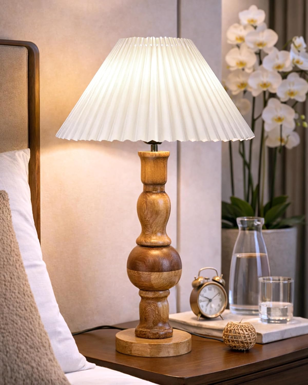 Homesake® Wooden Bubble Design Table Lamp for Bedroom & Living Room | Home Decor Lighting | Nightstand Lamp | Reading Lamp | Vintage | Minimalist | Modern Bedside Lamps, (Pleated White Shade)