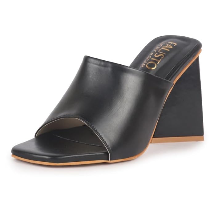 FAUSTO Women Open Square Toe Cone Block Heel Formal Slip On Sandals with Wide Vamp Strap | Elegant Slip-On 4 Inch Heel Sandals For Office, Work, Party