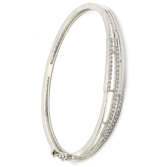 ZENEME Rhodium Plated Silver Toned American Diamond Studded Grace Line Kada Bracelet For Women