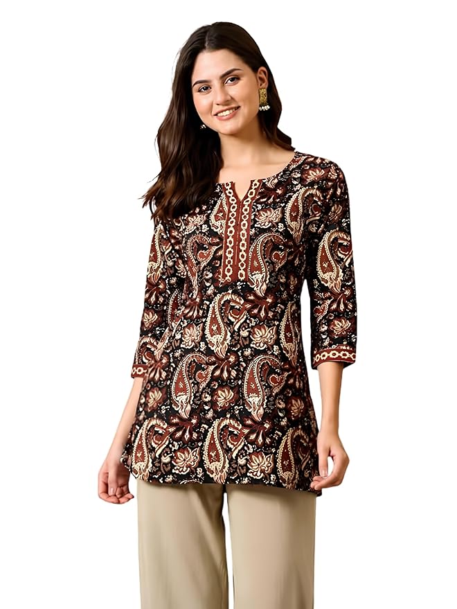 Amazon Brand - Tavasya Women Floral Printed Short Kurti | Round Neck with Slit Stylish Kurta | 3/4th Sleeve Modern Top | Regular Fit