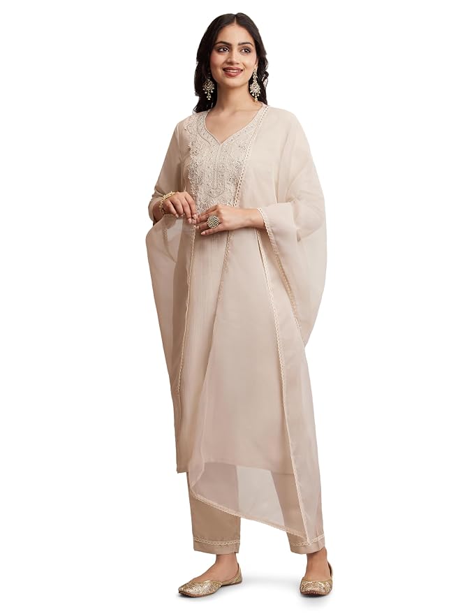Amazon Brand - Myx Women's Embroidered Kurta Pant Set with Dupatta (Available in Plus Sizes)