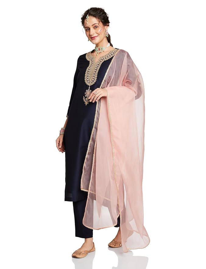 Amazon Brand - Myx Women's Embroidered Kurta Set with Organza Dupatta (Available in Plus Sizes)