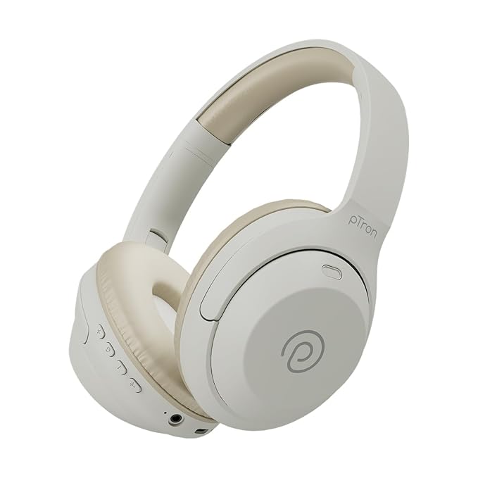 pTron Studio Classic w/ 75Hrs Playtime, Wireless Over Ear Headphones w/HD Mic, Dual Device Pairing, TruTalk AI-ENC Calls, Low-Latency Game & Music, Deep Bass, BT5.4 & Type-C Charging (Beige)