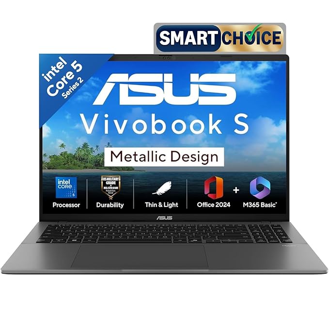 ASUS Vivobook S16,14th Gen, Intel Core 5-210H,Metallic Design Laptop(Intel UHD iGPU/16GB RAM/512GB SSD/FHD+/16""/144Hz/Windows 11/M365 Basic(1Year)*/Office Home 2024/Matte Gray/1.7Kg) S3607VA-RP113WS