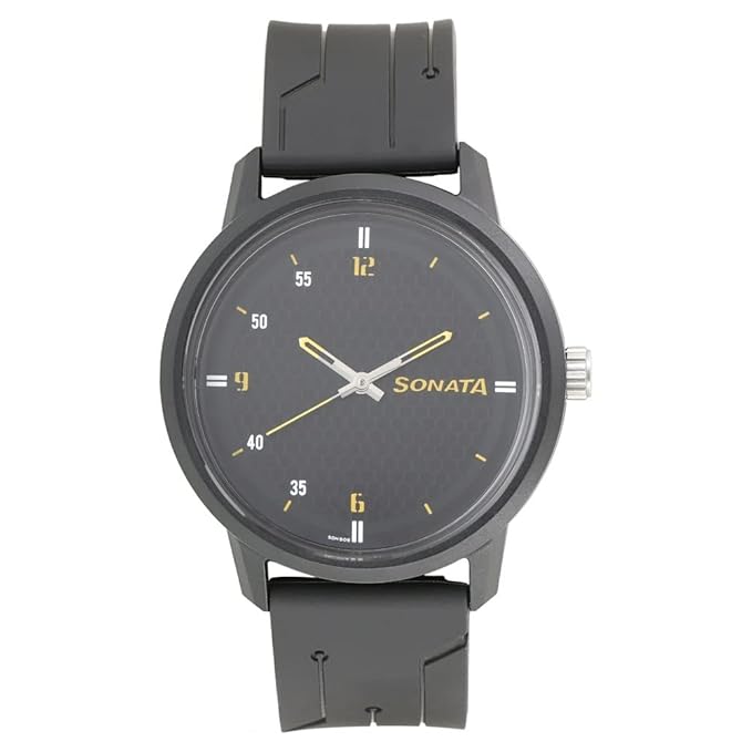 Sonata Volt Quartz Analog Black Dial Black Plastic Strap Watch for Men - NT77085PP03W