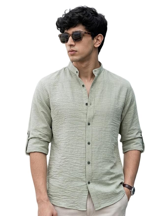 Urbano Fashion Men's Linen Blend Full Sleeve Relaxed Fit Mandarin Collar Casual Solid Shirt