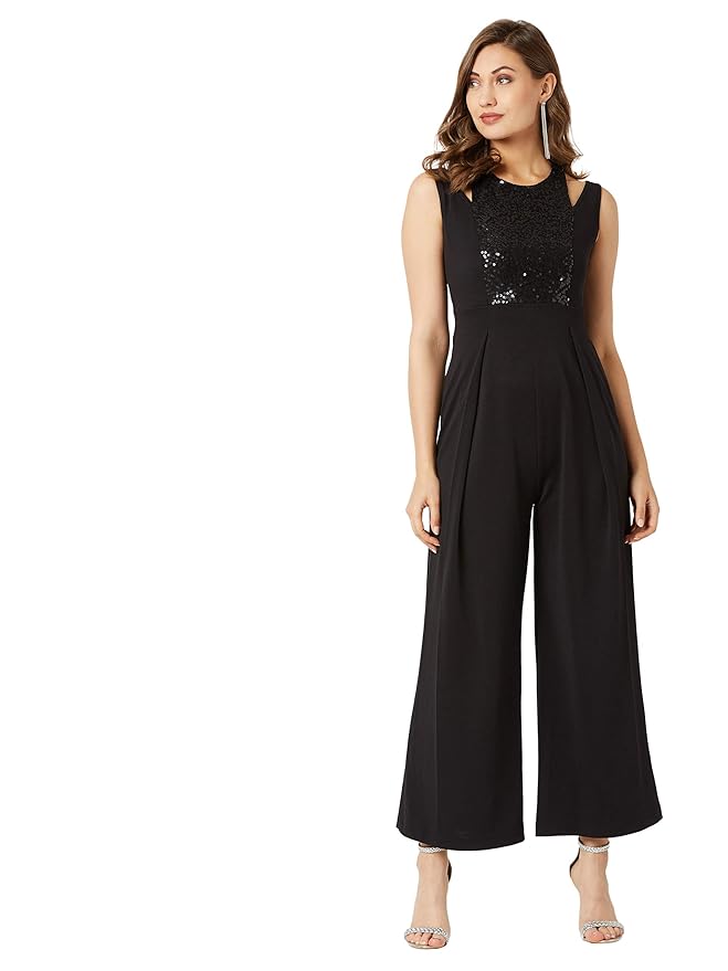 Miss Chase Women's Halter Neck Sleeveless Solid Wide Leg Sequin Paneled Regular Length Jumpsuit