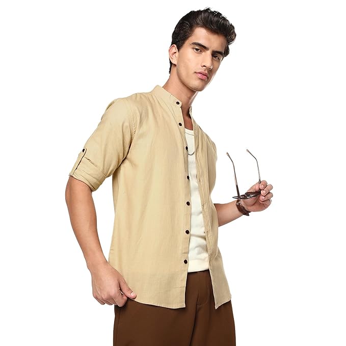Urbano Fashion Men's Linen Blend Full Sleeve Relaxed Fit Mandarin Collar Casual Solid Shirt